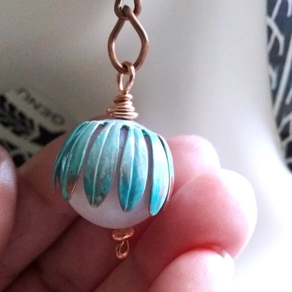Bold Beauties! Patina Painted Copper & Lightweight Floral Blossom Globe Earrings - Picture 6 of 11